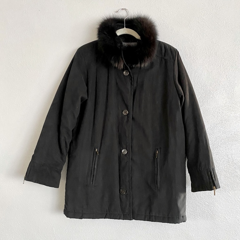Izzi Coat Womens Size Small Black Outerwear Button Down Removable Fox Fur Collar